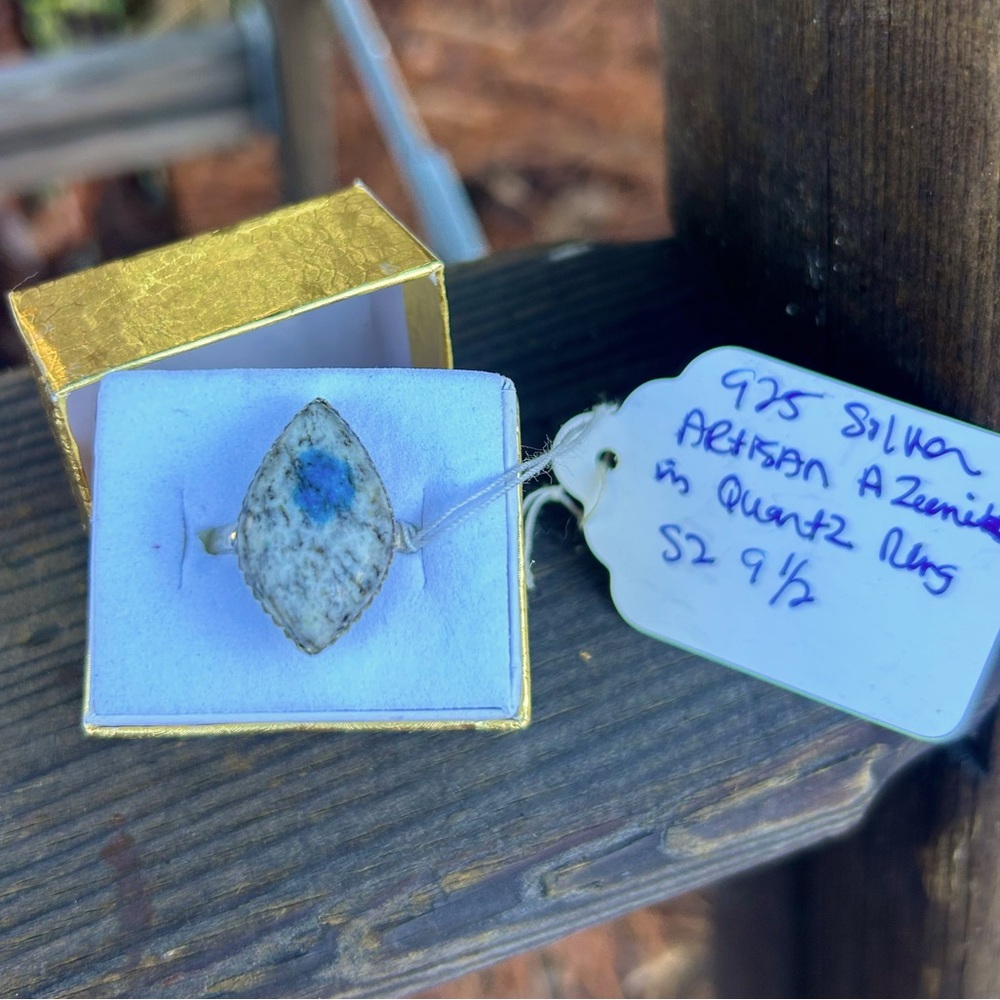 925 Silver Artisan Azurite In Quartz Ring SZ 9.5